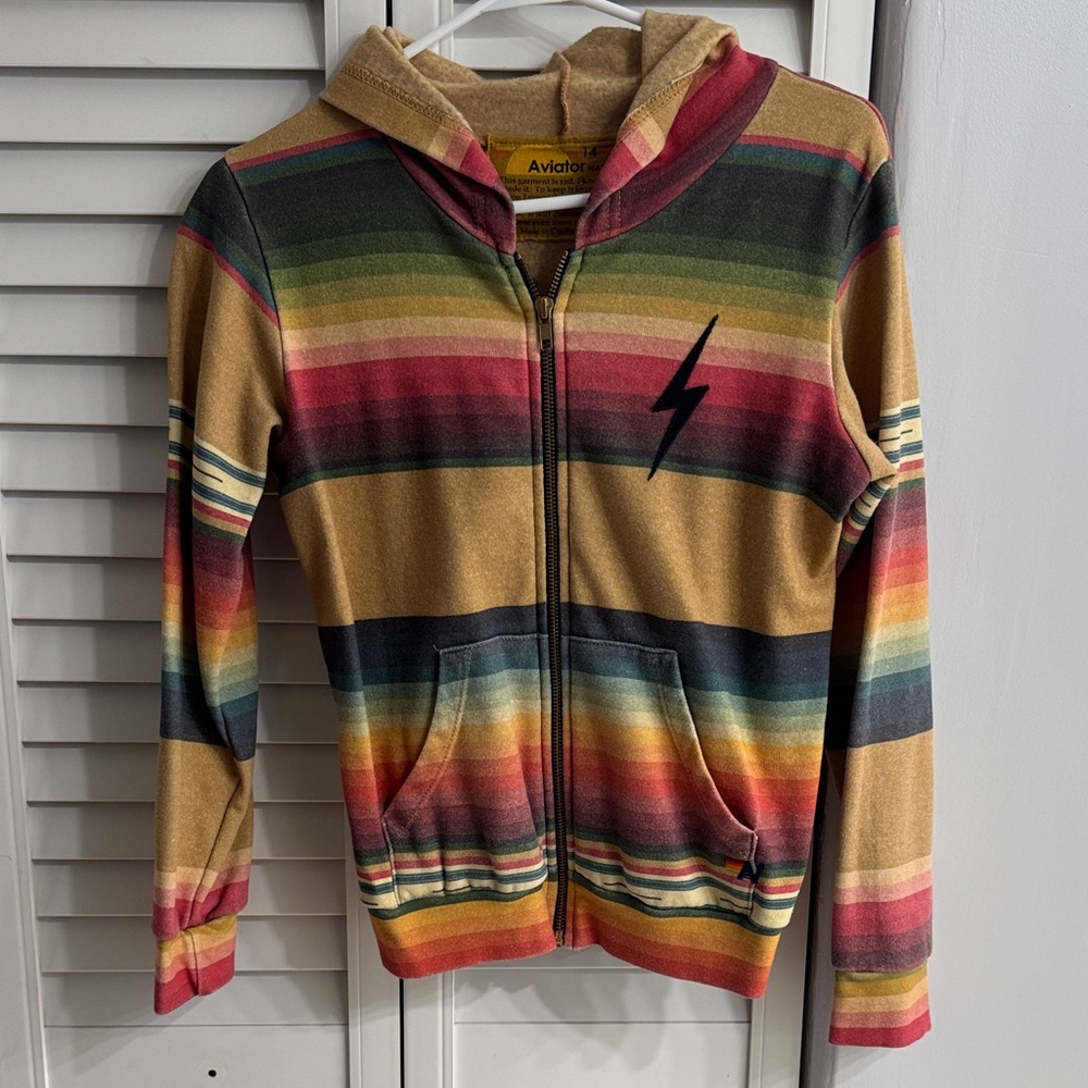 Aviator Nation Multicolor Striped Hoodie with Lightning Bolt